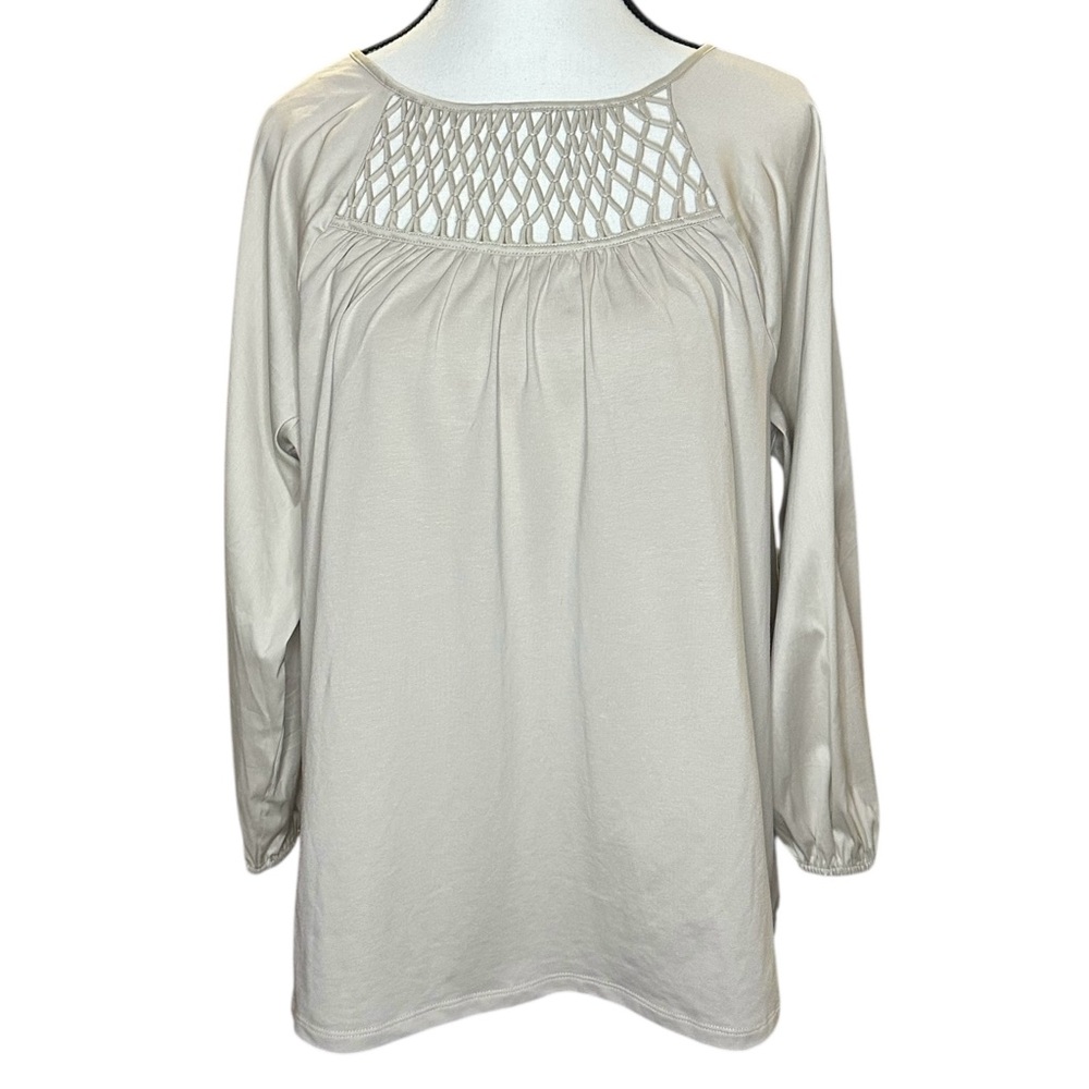 Chico's Smokey Taupe Lace Trim Bubble Hem Knit Top - Size 2 (US L/12)
